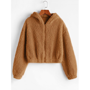 ZAFUL Hooded Zip Up Fluffy Teddy Jacket S Caramel