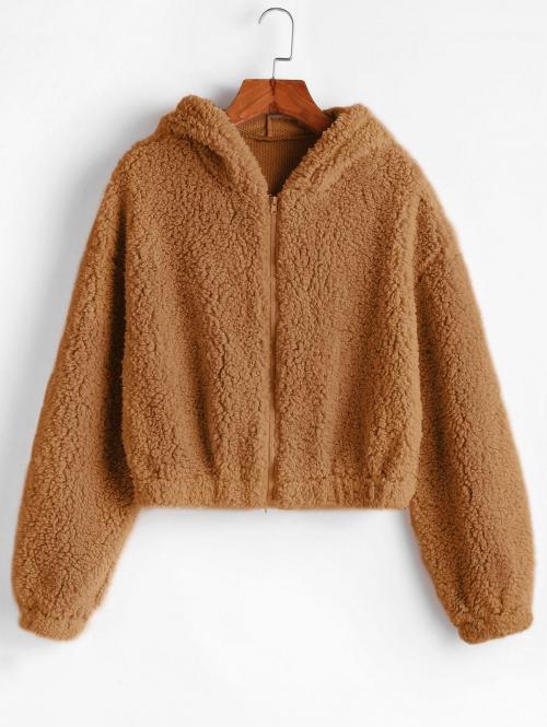 ZAFUL Hooded Zip Up Fluffy Teddy Jacket S Caramel