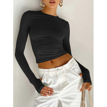 Fashion Women Tees Women's Basic Round Collar Solid Color Long Sleeves Silm Fit Crop T Shirt L Black