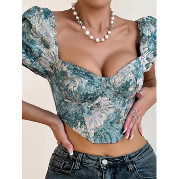 Women Blouses Women's Retro Sexy Floral Jacquard Puff Sleeve Underwire Boned Detail Sweetheart Neck Back Zip Crop Bustier Corset Style Blouse L Blue