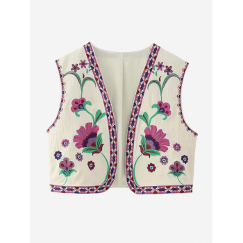 Women Waistcoat Women's Ethnic Western Style Daily Layering Open Front Floral Embroidered Sleeveless Waistcoat Vest M Light pink