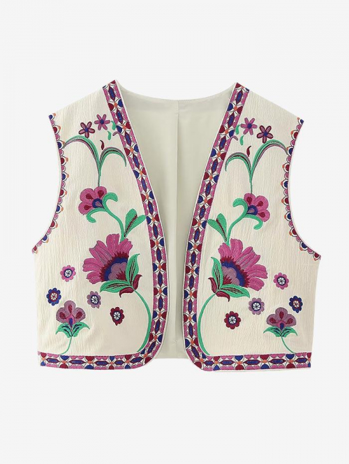 Women Waistcoat Women's Ethnic Western Style Daily Layering Open Front Floral Embroidered Sleeveless Waistcoat Vest M Light pink