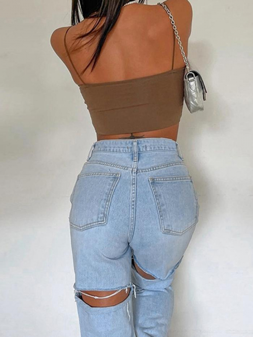 Women's Fashion High Waisted Zipper Fly Pocket Ripped Frayed Hem Straight Light Wash Denim Jeans S Blue