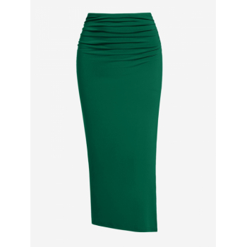 ZAFUL Women's Going Out Solid Color Ruched Thigh High Split Midi Bodycon Skirt M Deep green