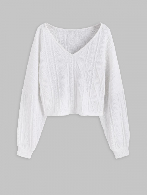 Women ZAFUL Women's V Neck Cable Knit Batwing Sleeve Pullover Sweater S White