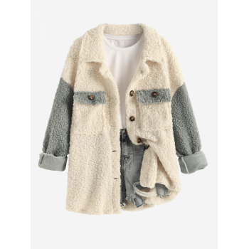 Women's Daily Colorblock Two Tone Cargo Pockets Single Breasted Fluffy Fuzzy Textured Loose Teddy Jacket L Gray