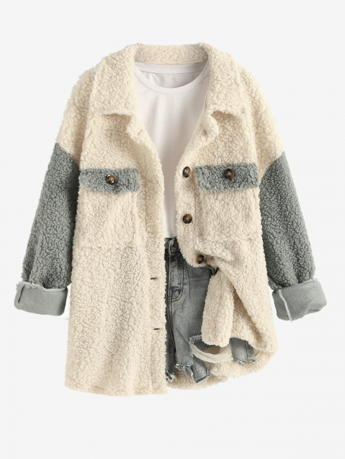 Women's Daily Colorblock Two Tone Cargo Pockets Single Breasted Fluffy Fuzzy Textured Loose Teddy Jacket L Gray