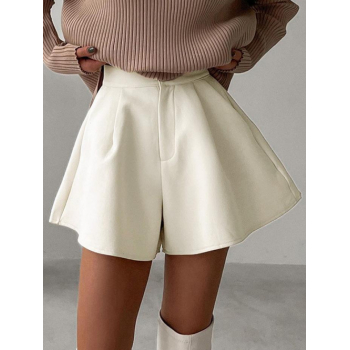 Women's Daily Casual Solid Color Pocket Pleated High Waisted Zipper Fly Wide Leg Shorts L Light coffee