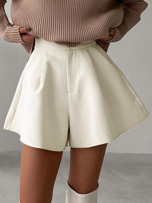 Women's Daily Casual Solid Color Pocket Pleated High Waisted Zipper Fly Wide Leg Shorts L Light coffee