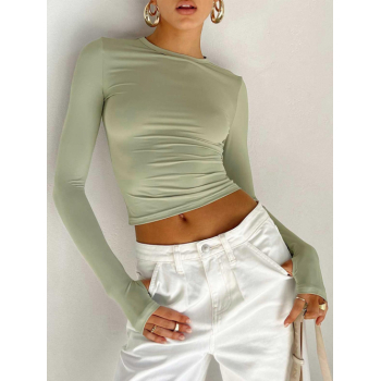 Fashion Women Tees Women's Basic Round Collar Solid Color Long Sleeves Silm Fit Crop T Shirt S Light green