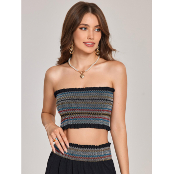 Women Tank Tops ZAFUL Zig Zag Knitted Smocked Ruffle Crop Tube Top L Black