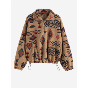 Women Hoodies ZAFUL Women's Drop Shoulder Ethnic Aztec Tribal Geo Print Quarter Zip Toggle Drawstring Fluffy Teddy Sweatshirt L Coffee