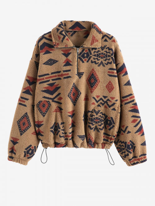 Women Hoodies ZAFUL Women's Drop Shoulder Ethnic Aztec Tribal Geo Print Quarter Zip Toggle Drawstring Fluffy Teddy Sweatshirt L Coffee