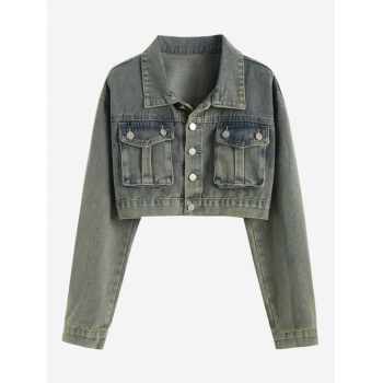 Women's Streetwear Faded Wash Cargo Pockets Single Breasted Denim Crop Jacket S Green