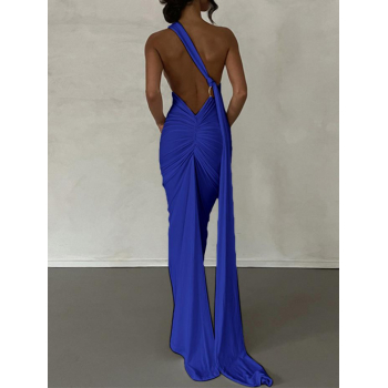 Maxi Women's Sexy Elegant Backless Ruched Metal O-ring Decor One Shoulder Prom Evening Gown Train Maxi Vegas Dress S Deep blue