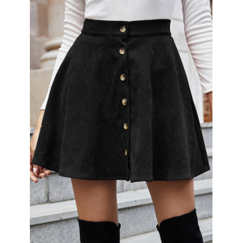 Women's Vintage Style Solid Color Button Up Corduroy Mini Skirt L Black