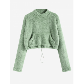 Women Hoodies Women's Faux Fur Fluffy Mock Neck Toggle Drawstring Kangaroo Pocket Solid Color Drop Shoulder Crop Sweatshirt L Green