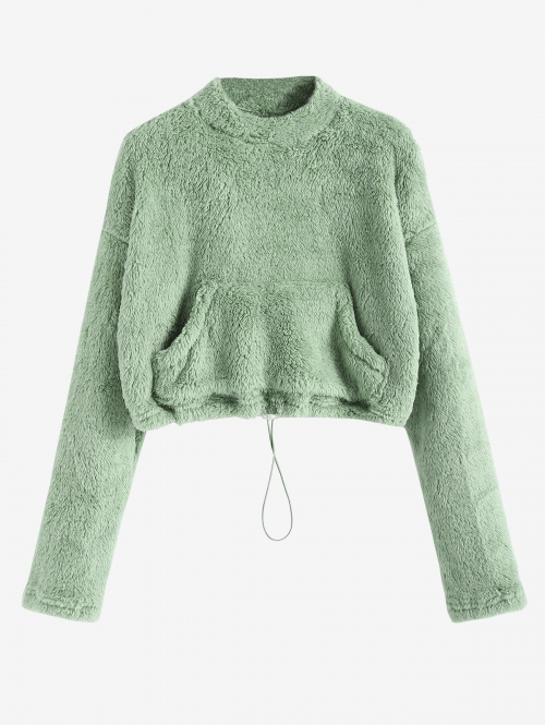 Women Hoodies Women's Faux Fur Fluffy Mock Neck Toggle Drawstring Kangaroo Pocket Solid Color Drop Shoulder Crop Sweatshirt L Green