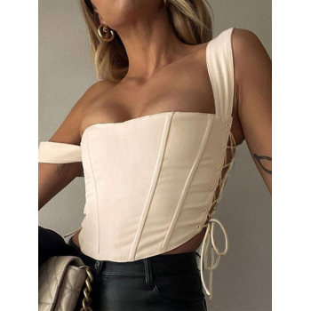 Women Tank Tops Women's Sexy Going Out Lace Up Boned Detail Square Neck Solid Color Corset Style Tank Top L Light coffee