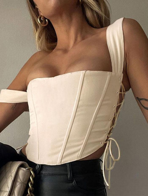 Women Tank Tops Women's Sexy Going Out Lace Up Boned Detail Square Neck Solid Color Corset Style Tank Top L Light coffee