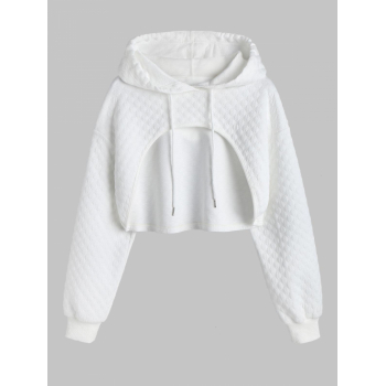 Women Hoodies ZAFUL Women's Casual Athleisure Style Solid Color Jacquard Textured Drawstring Drop Shoulder Shrug Style Crop Hoodie L White