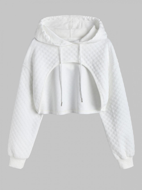 Women Hoodies ZAFUL Women's Casual Athleisure Style Solid Color Jacquard Textured Drawstring Drop Shoulder Shrug Style Crop Hoodie L White