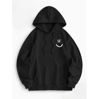 Women Hoodies Women's Casual Smile Graphic Printed Thermal Lined Front Pocket Drawstring Drop Shoulder Loose Pullover Hoodie L Black