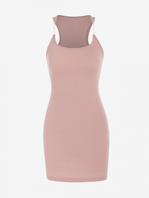 Bodycon Dress Women's Sexy Club Night Out Solid Color Scoop Neck Ribbed Mini Bodycon Tank Dress L Light pink