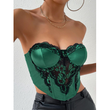 Women Tank Tops Women's Sexy Club Date Night Out Underwire Lace Panel Silky Satin Fishbone Design Corset-style Strapless Tube Top M Deep green