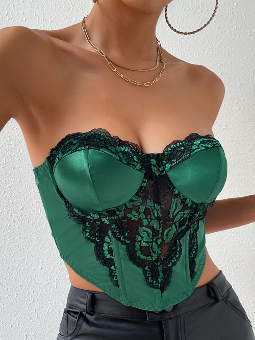 Women Tank Tops Women's Sexy Club Date Night Out Underwire Lace Panel Silky Satin Fishbone Design Corset-style Strapless Tube Top M Deep green