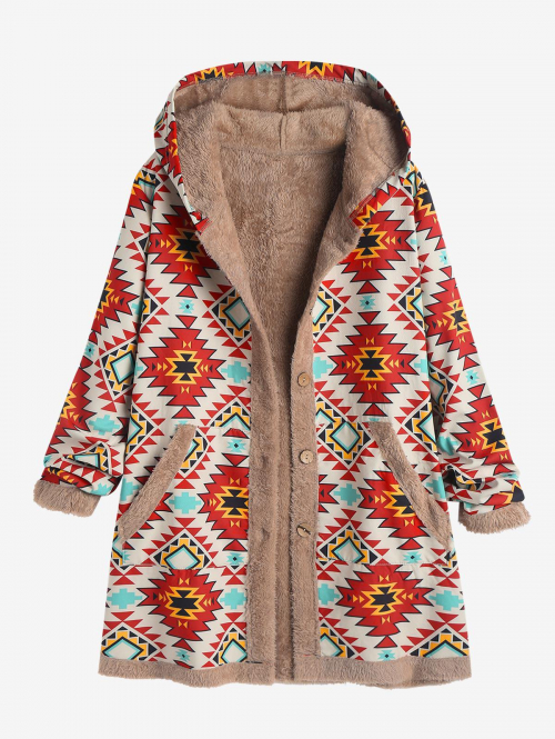 Women's Ethnic Style Tribal Geo Aztec Printed Warm Thermal Fleece Lined Long Sleeve Hooded Pockets Button Up Long Coat M Light coffee