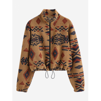 ZAFUL Women's Toggle Drawstring Long Sleeve Mock Neck Ethnic Style Aztec Geo Tribal Printed Zip Up Fluffy Teddy Jacket M Coffee