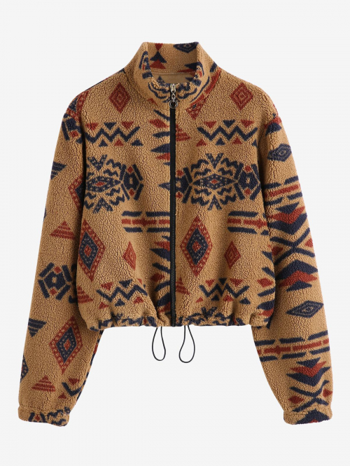 ZAFUL Women's Toggle Drawstring Long Sleeve Mock Neck Ethnic Style Aztec Geo Tribal Printed Zip Up Fluffy Teddy Jacket M Coffee