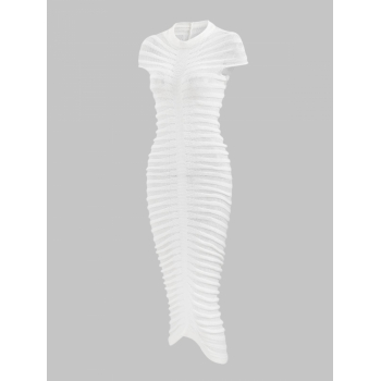 Bodycon Dress Women's Sexy Knitted See Thru Mock Neck Cap Sleeve Solid Color Midi Bodycon Dress L White