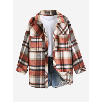 ZAFUL Women's Plaid Wool Blend Pocket Drop Shoulder Button Up Turn Down Collar Shacket L Light coffee