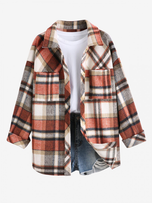 ZAFUL Women's Plaid Wool Blend Pocket Drop Shoulder Button Up Turn Down Collar Shacket L Light coffee