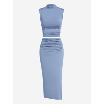 Mock Neck Ruched Crop Tank Top Thigh High Split Midi Bodycon Skirt Going Out Sexy Two Piece Dress Light blue