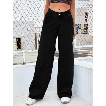 Women's Daily V Shaped Waistline Zipper Fly Solid Color Pockets Wide Leg Puddle Jeans M Black