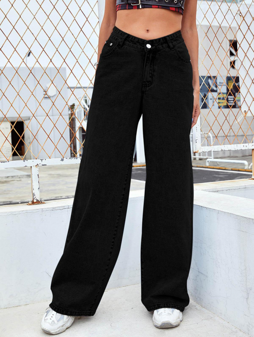 Women's Daily V Shaped Waistline Zipper Fly Solid Color Pockets Wide Leg Puddle Jeans M Black