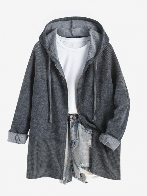 Women's Casual Streetwear Semi-sheer Openwork Spliced Zip Up Raglan Sleeves Textured Hooded Jacket M Gray