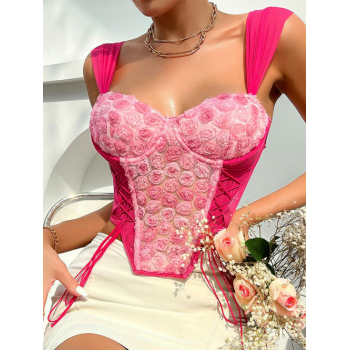 Women Tank Tops Women's Sexy Y2K Date Night 3D Floral Rosette Design Lace Up Backless Sweetheart Neck Corset Style Tank Top L Red