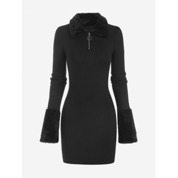 Bodycon Dress Women's V Neck O Ring Quarter Zip Faux Fur Fluffy Spliced Long Sleeves Solid Color Mini Bodycon Sweater Dress M Black