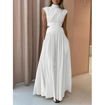 Maxi Women's Sexy Cut Out High Waist Mock Neck Cap Sleeve Pocket Pleated Solid Color A Line Maxi Dress L White