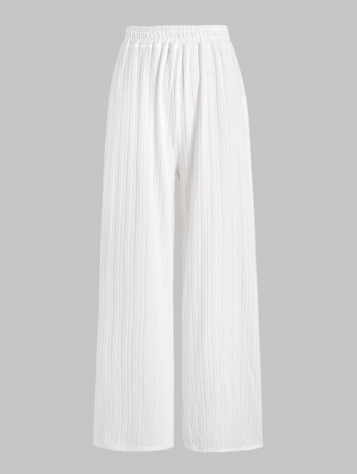 Women's Casual Athflow Style Daily Lounge Solid Color Textured Design Loose Wide Leg Pull On Pants M White