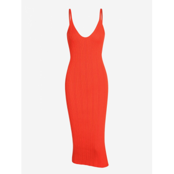 Women ZAFUL Women's Sexy Going Out Rib Knit Spaghetti Strap Plunge Front Solid Color Backless Midi Bodycon Dress L Orange