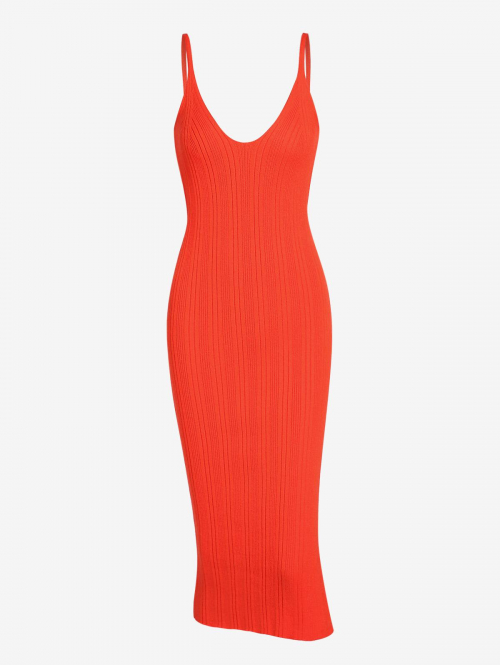 Women ZAFUL Women's Sexy Going Out Rib Knit Spaghetti Strap Plunge Front Solid Color Backless Midi Bodycon Dress L Orange