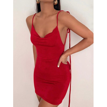 Mini Dress Jersey Tie Shoulder Backless Cowl Front Mini Bodycon Dress L Red