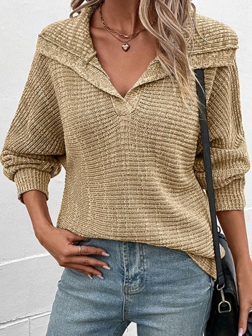 Women Women's Daily Slouchy Turn Down Collar Heathered Knit Long Sleeve Pullover Jumper Sweater L Light coffee