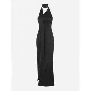 Bodycon Dress Women's Sexy Elegant Style Solid Color Silky Satin Thigh High Slit Backless Party Prom Evening Gown Choker Maxi Dress S Black