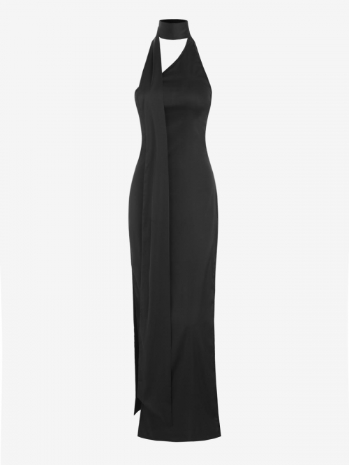 Bodycon Dress Women's Sexy Elegant Style Solid Color Silky Satin Thigh High Slit Backless Party Prom Evening Gown Choker Maxi Dress S Black